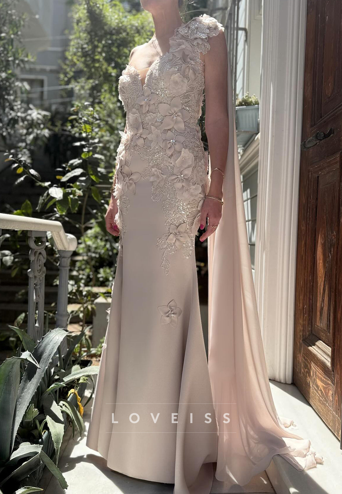 One Shoulder Sleeveless Floral Appliques Mermaid Evening Dress