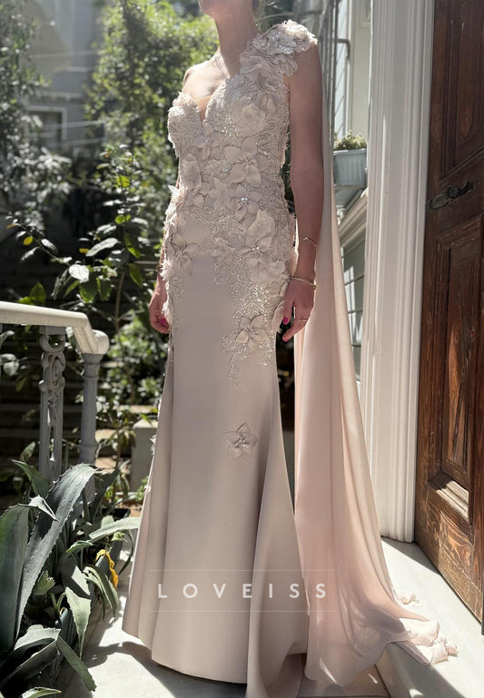 One Shoulder Sleeveless Floral Appliques Mermaid Evening Dress