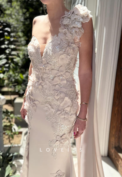 One Shoulder Sleeveless Floral Appliques Mermaid Evening Dress