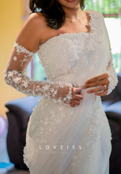 One Shoulder Sleeveless Floral Embellished Mermaid Wedding Dress