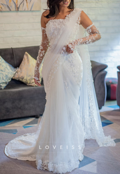 One Shoulder Sleeveless Floral Embellished Mermaid Wedding Dress