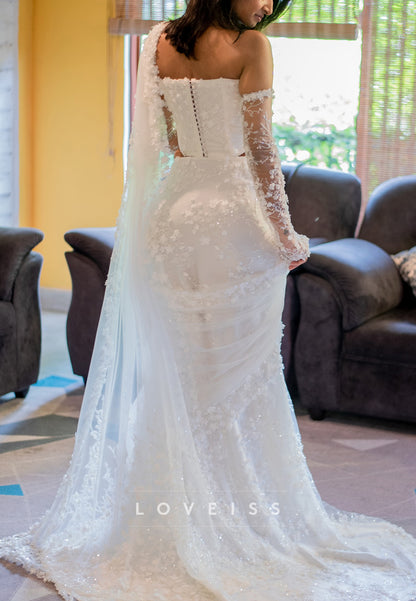 One Shoulder Sleeveless Floral Embellished Mermaid Wedding Dress