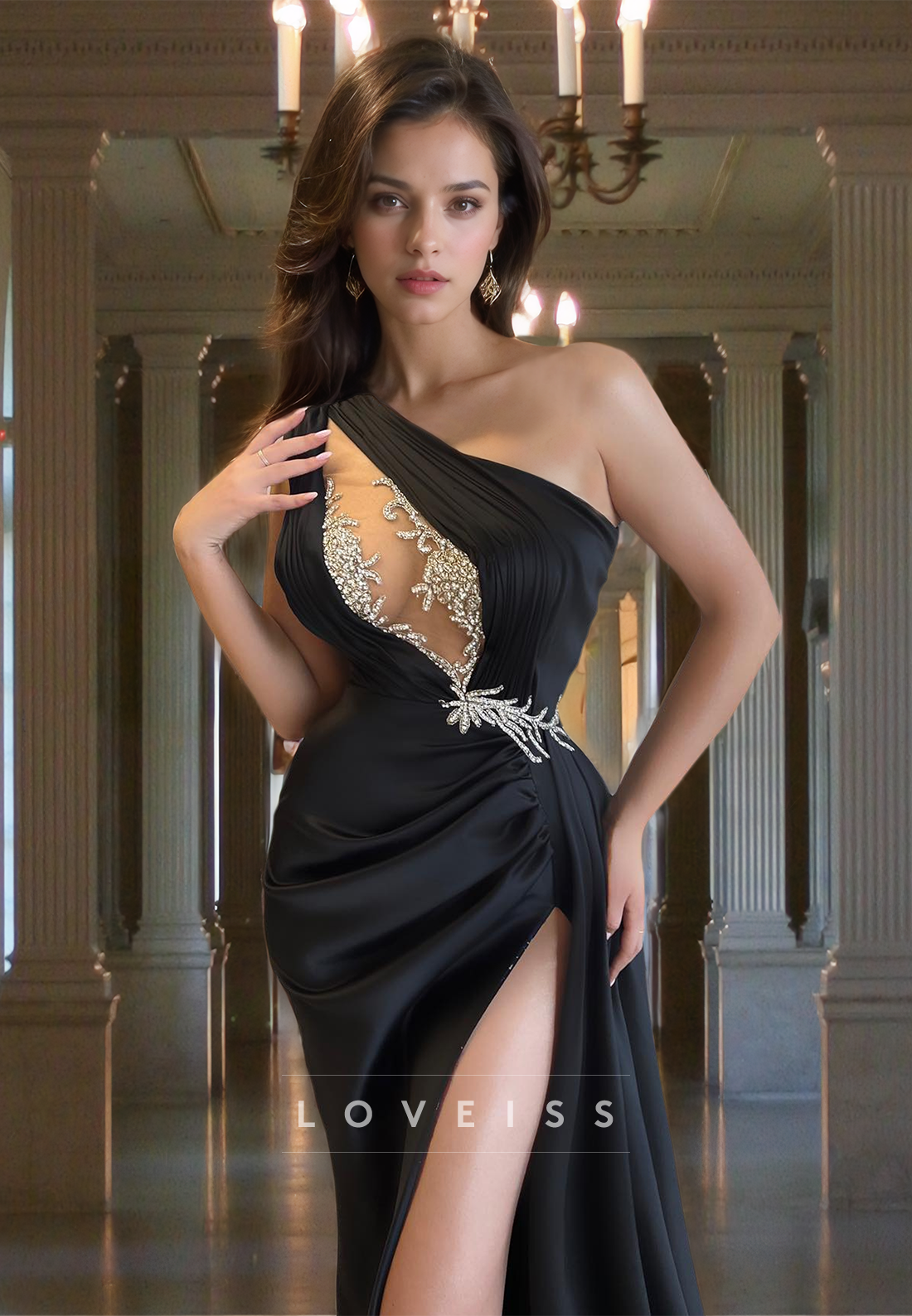 One Shoulder Sleeveless Illusion Beaded Ruched Side Slit Evening Dress