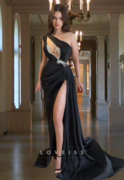 One Shoulder Sleeveless Illusion Beaded Ruched Side Slit Evening Dress