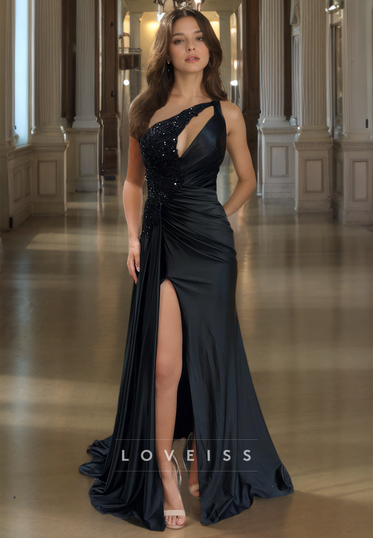 One Shoulder Sleeveless Illusion Ruched Side Slit Sheath Formal Dress