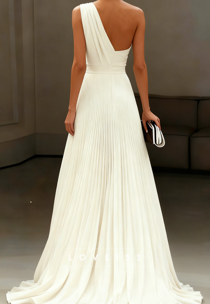 One Shoulder Sleeveless Pleated A-Line Boho Wedding Dress