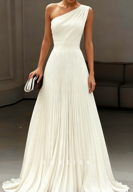One Shoulder Sleeveless Pleated A-Line Boho Wedding Dress