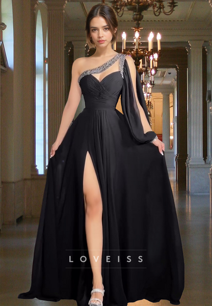 One Shoulder Sleeveless Pleated Beaded A-Line Prom Dress