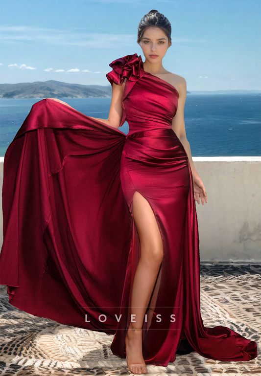 One Shoulder Sleeveless Pleated High Slit Sheath Formal Dress