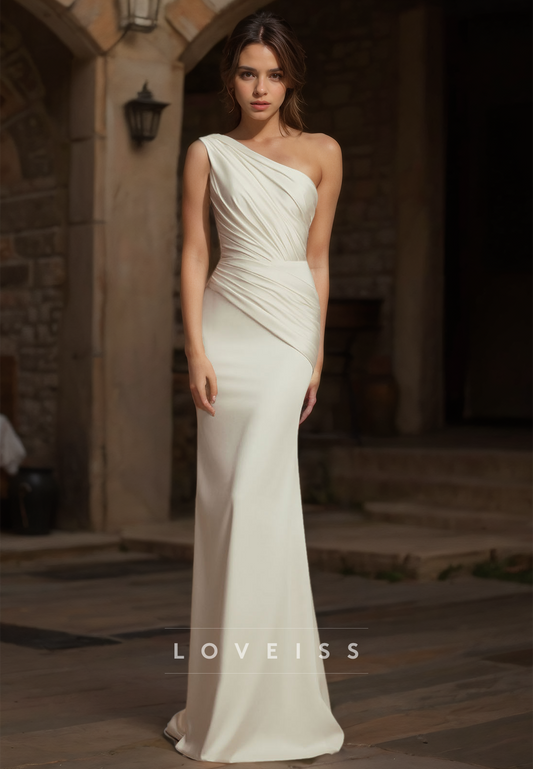 One Shoulder Sleeveless Pleated Ruched Mermaid Satin Wedding Dress