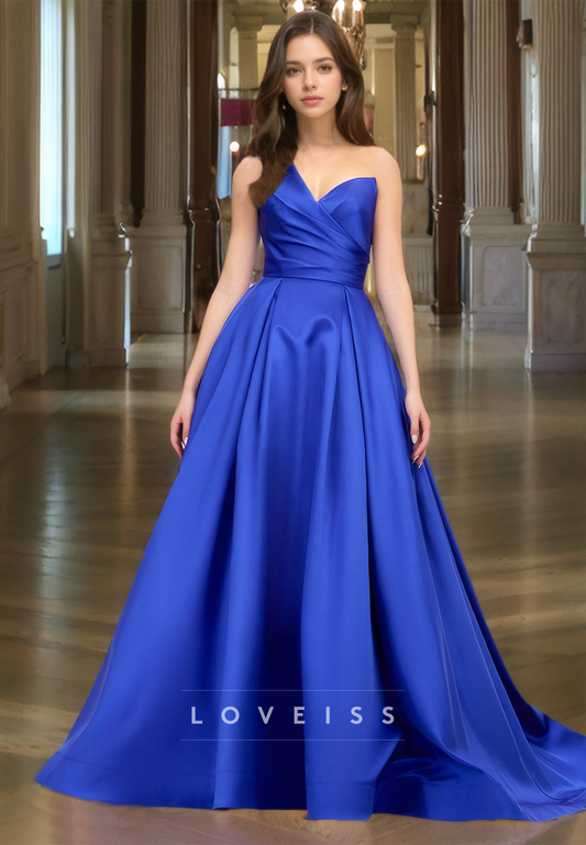 One Shoulder Sleeveless Pleated Satin A-Line Prom Dress