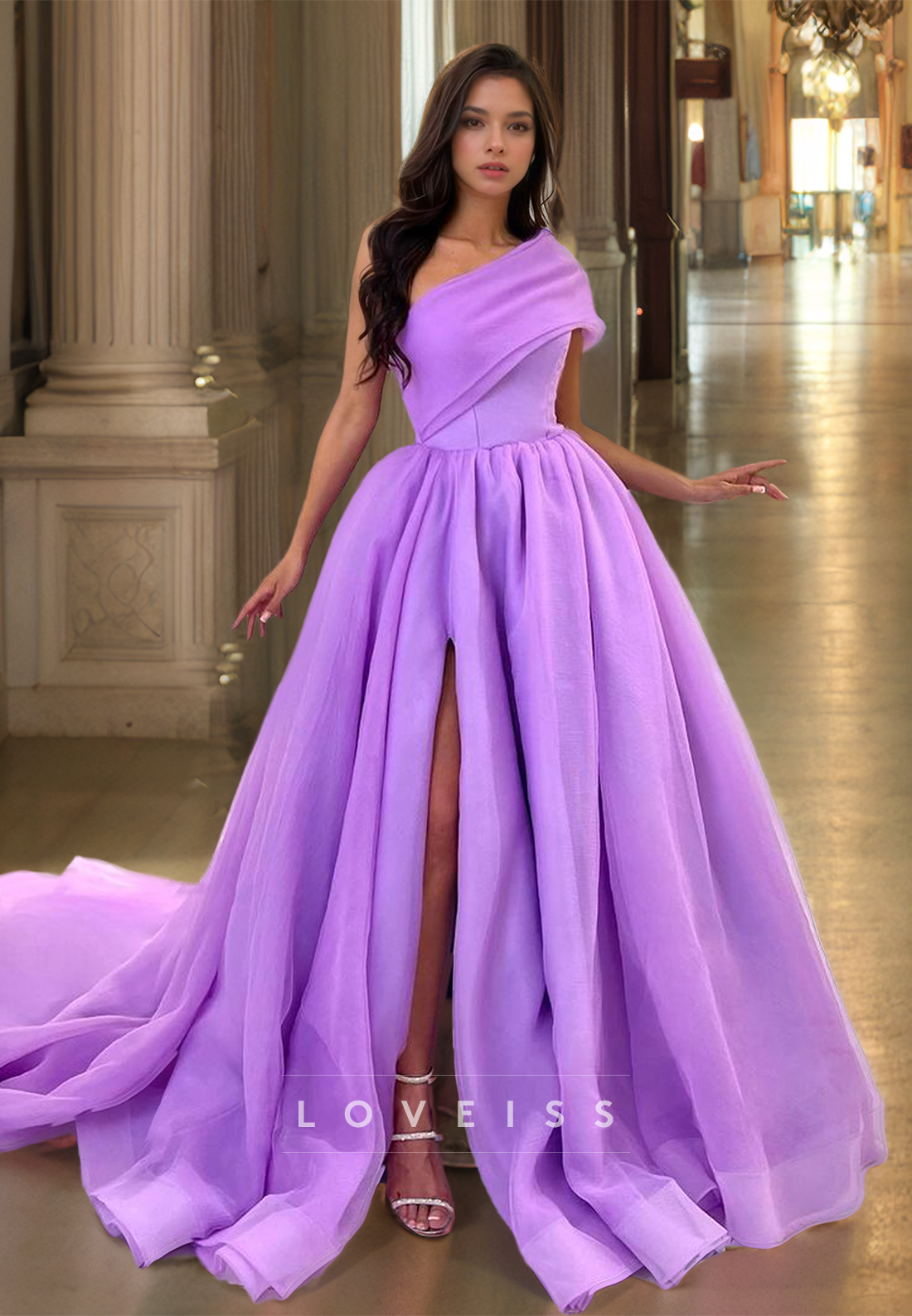 One Shoulder Sleeveless Pleated Satin Side Slit A-Line Prom Dress