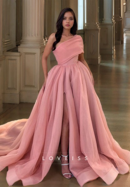 One Shoulder Sleeveless Pleated Satin Side Slit A-Line Prom Dress