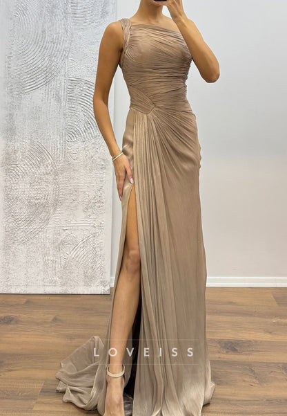 One Shoulder Sleeveless Pleated Sheath Evening Dress