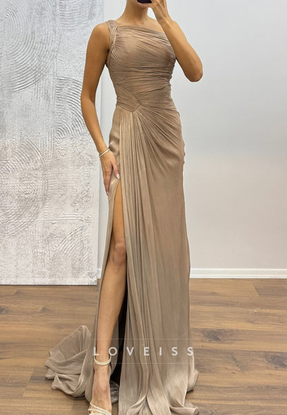 One Shoulder Sleeveless Pleated Sheath Evening Dress