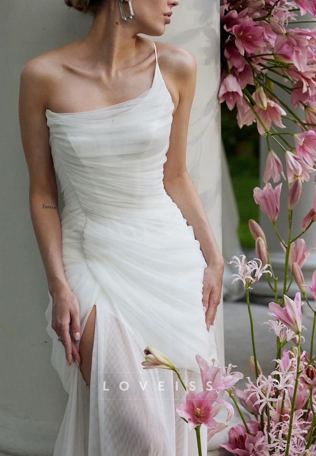One Shoulder Sleeveless Pleated Sheath Wedding Dress