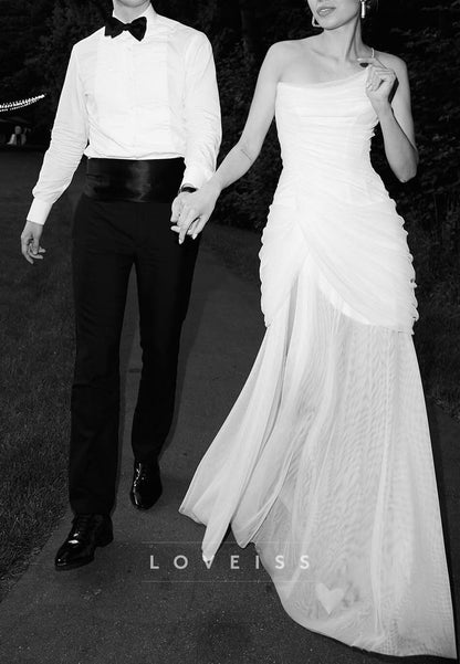 One Shoulder Sleeveless Pleated Sheath Wedding Dress
