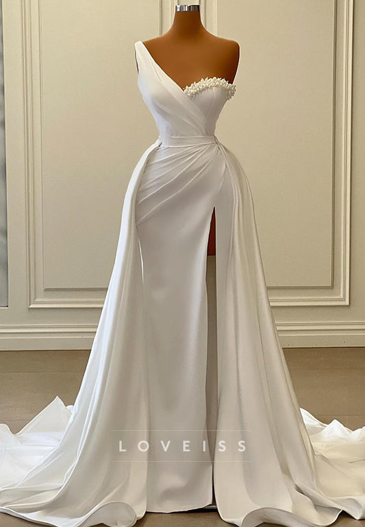 One Shoulder Sleeveless Pleated Sheath Wedding Dress