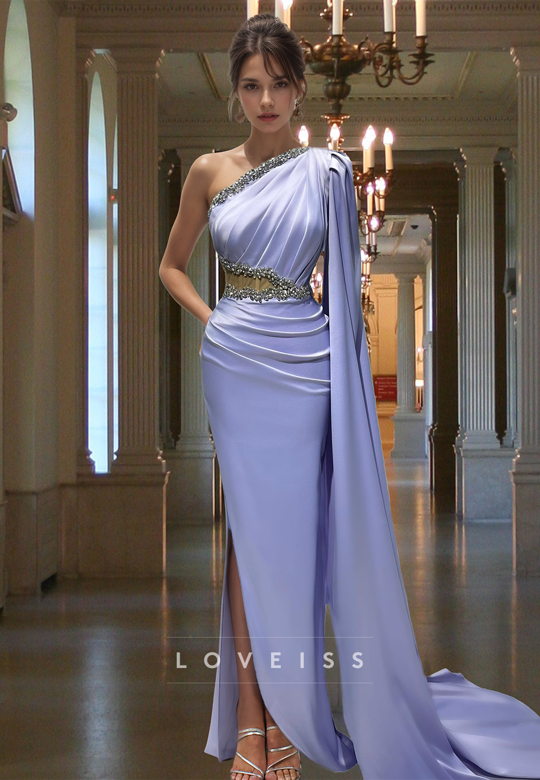 One Shoulder Sleeveless Pleated Side Slit Beaded Sheath Formal Dress