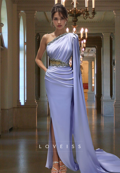 One Shoulder Sleeveless Pleated Side Slit Beaded Sheath Formal Dress