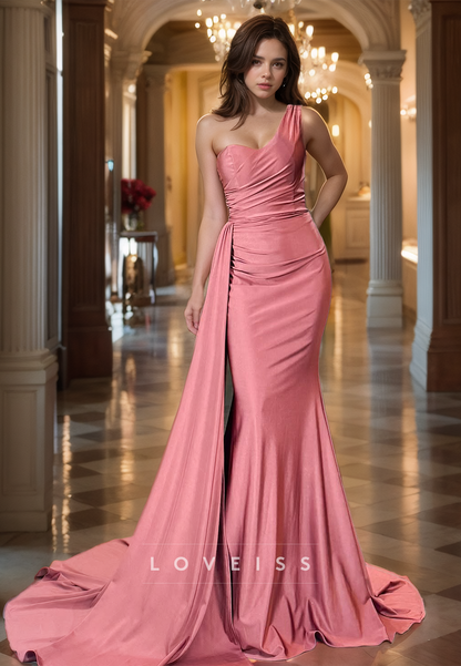 One Shoulder Sleeveless Pleated Sleek Mermaid Formal Dress