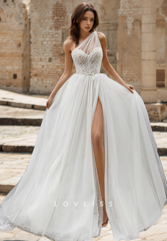 One Shoulder Sleeveless Pleated Tulle A-Line Wedding Dress