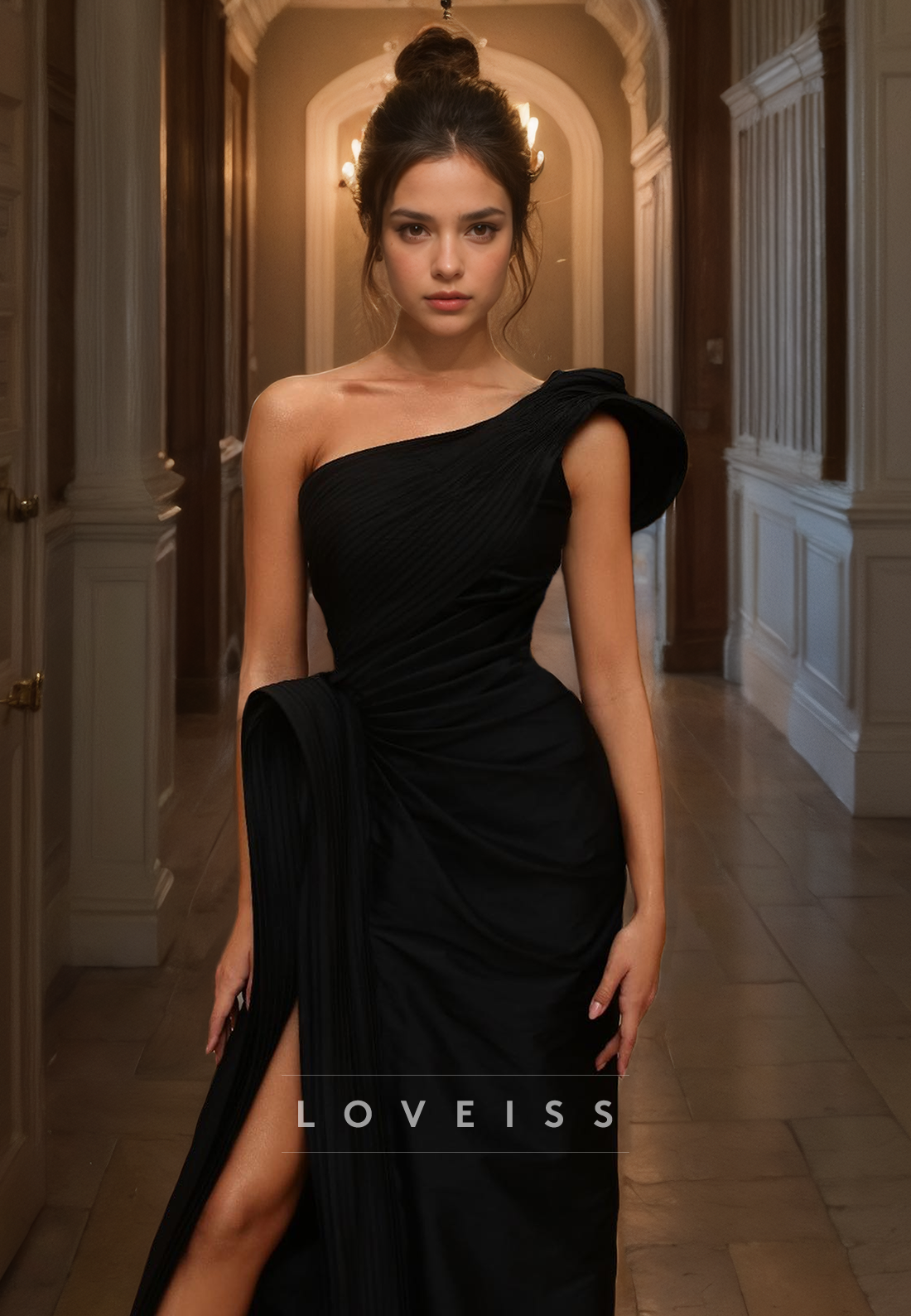 One Shoulder Sleeveless Ruched Side Slit Sheath Black Formal Dress