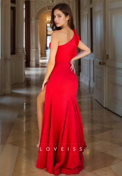 One Shoulder Sleeveless Ruffled High Slit Sheath Prom Dress