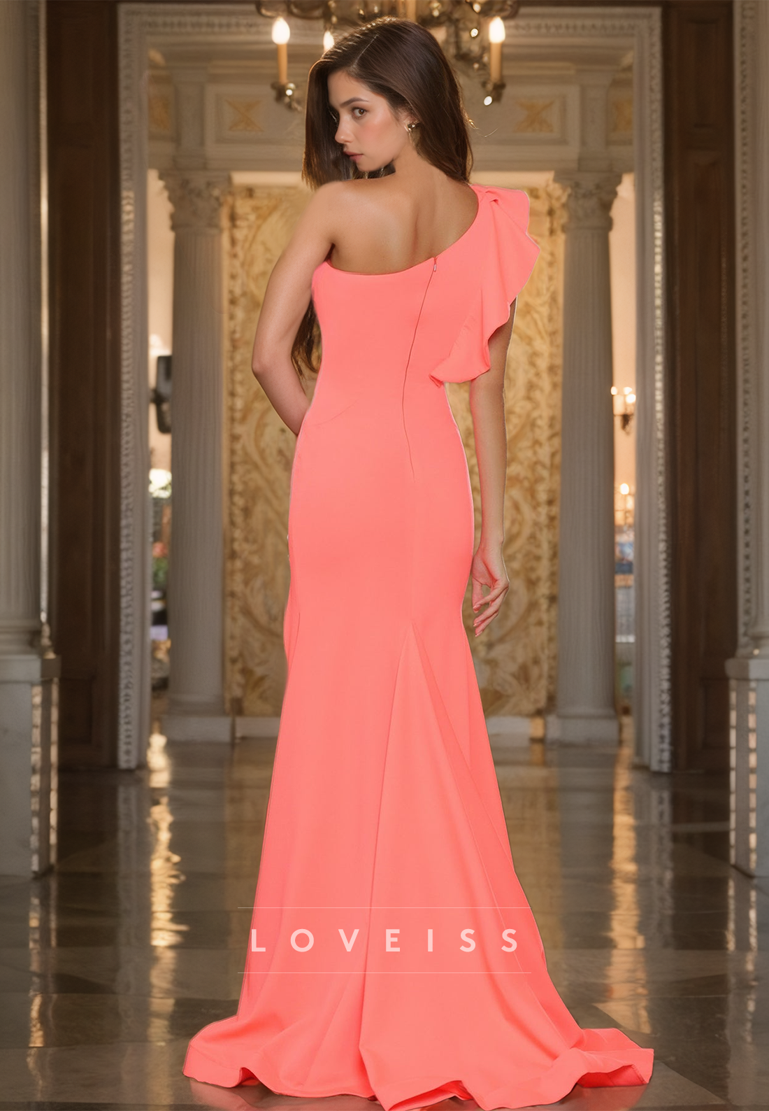 One Shoulder Sleeveless Ruffled High Slit Sheath Prom Dress