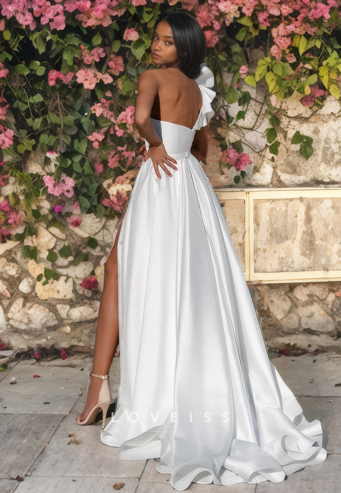 One Shoulder Sleeveless Ruffled Pleated A-Line Wedding Dress