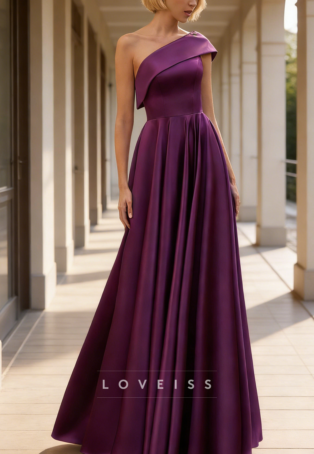 One Shoulder Sleeveless Satin A-Line Evening Dress