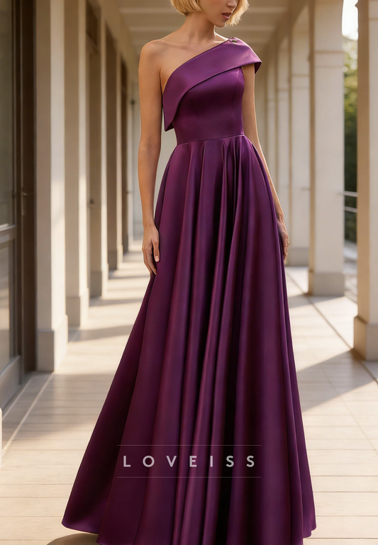 One Shoulder Sleeveless Satin A-Line Evening Dress