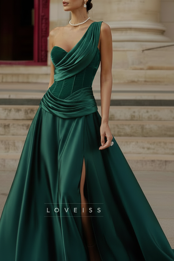 One Shoulder Sleeveless Satin A-Line Evening Dress