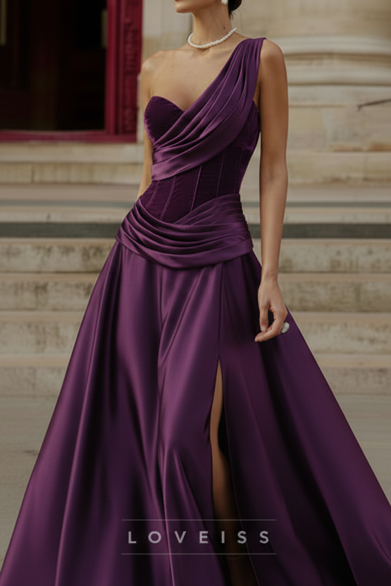 One Shoulder Sleeveless Satin A-Line Evening Dress
