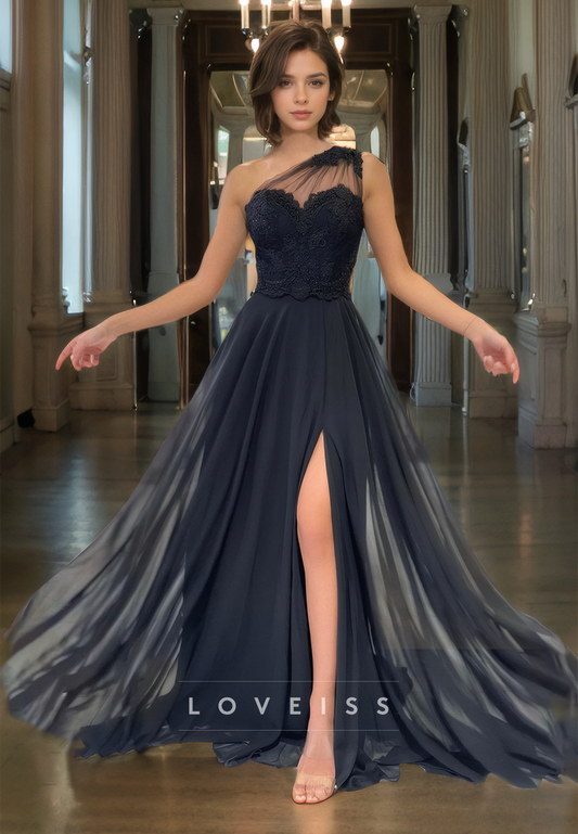 One Shoulder Sleeveless Tulle A-Line High Slit Prom Dress