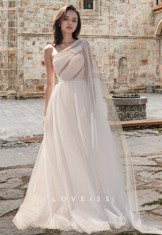 One Shoulder Sleeveless Tulle Pleated Beaded Illusion A-Line Wedding Dress