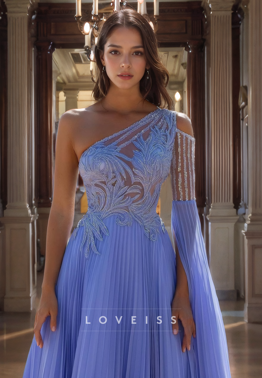 One Shoulder Sleeves Appliques Chiffon A-Line Prom Dress