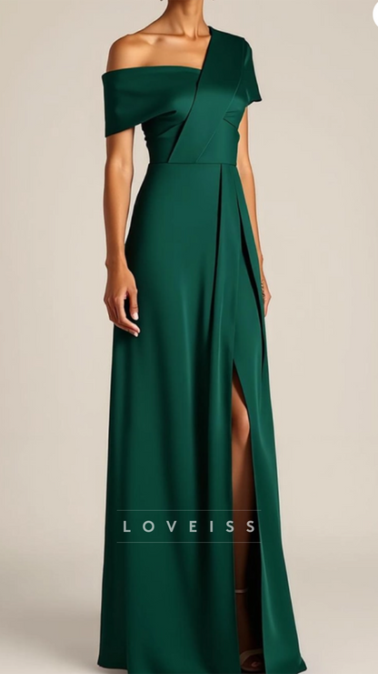 One Shoulder Sleeves Satin A-Linee Formal Dress