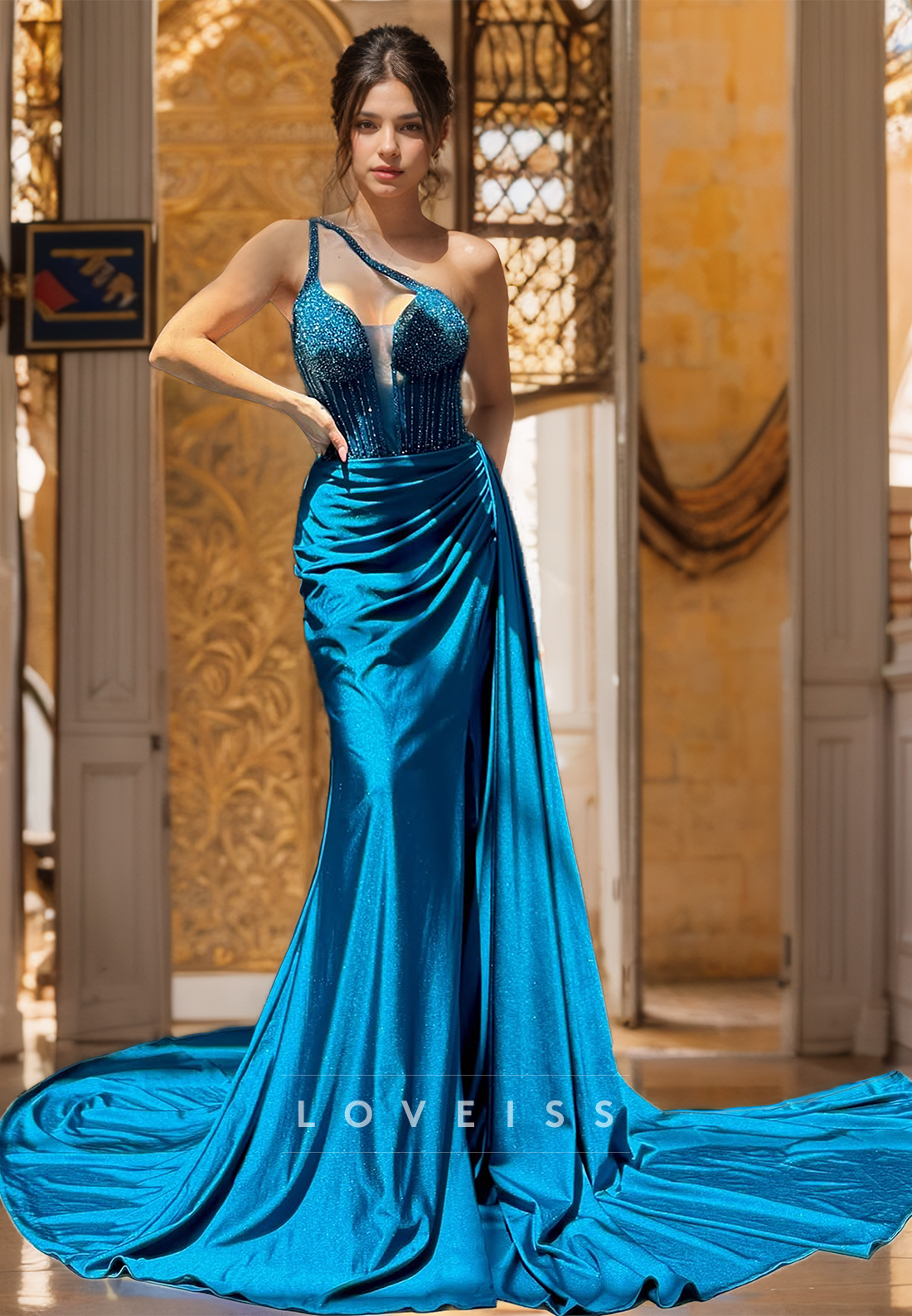 One Shoulder Spaghetti Straps Beaded Ruched Sheath Prom Dress