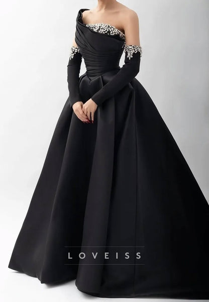 One Shoulder Strapless Beaded Pleated A-Line Prom Dress