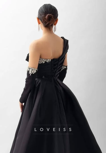 One Shoulder Strapless Beaded Pleated A-Line Prom Dress