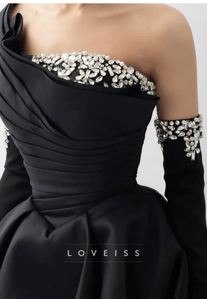 One Shoulder Strapless Beaded Pleated A-Line Prom Dress