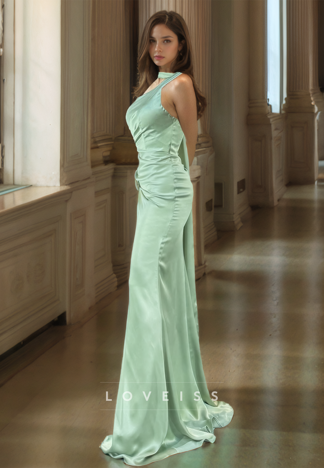 One Shoulder Strapless Pleated Sleek Satin Sheath Formal Dress