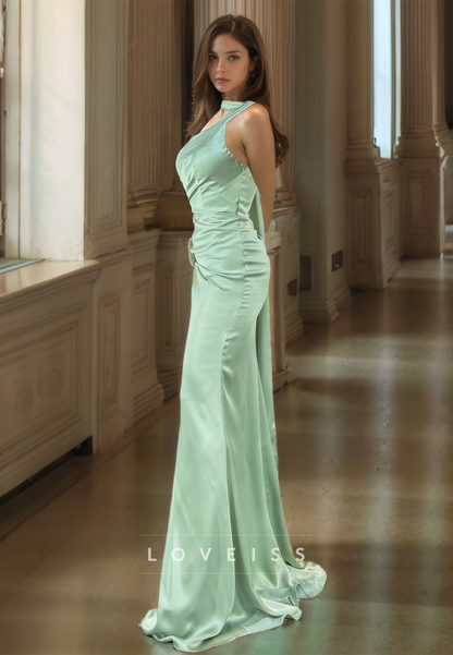 One Shoulder Strapless Pleated Sleek Satin Sheath Formal Dress