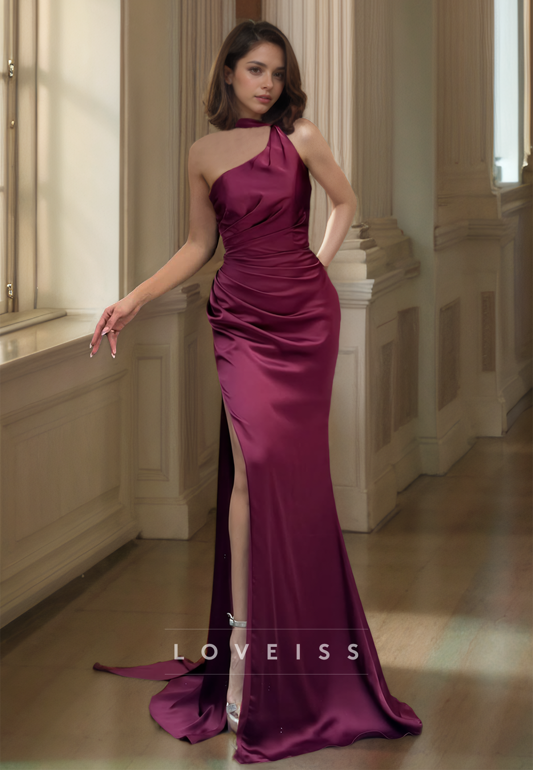 One Shoulder Strapless Pleated Sleek Satin Sheath Formal Dress