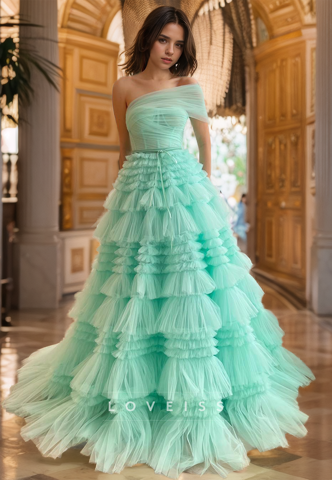 One Shoulder Strapless Tiered Ball Gown Prom Dress