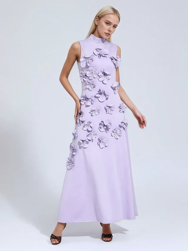 A Line High Neck Sleeveless Floor Length Stretch Crepe Dress With 3D Flowers