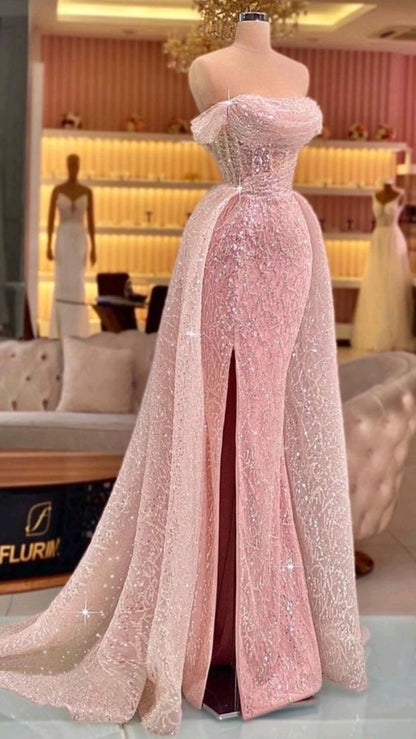 Luxury Mermaid Pink Floor Length Sleeveless Sequin Prom Dress