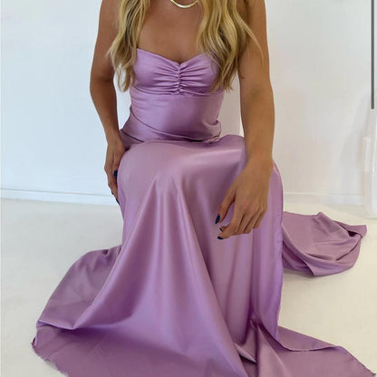 Sexy A line Straps Sleeveless Party Dress Hot Pink Side Slit Prom Dress