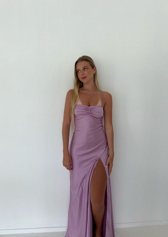Sexy Mermaid Straps Lilac Slit Long Prom Dress